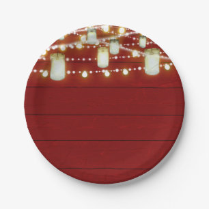 Red Wood & String Lights Country Rustic Sweet 16 Paper Plates