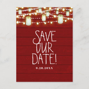 Red Wood & String Lights Rustic Save The Date Announcement Postcard