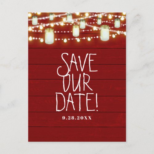 Red Wood  String Lights Rustic Save The Date Announcement Postcard