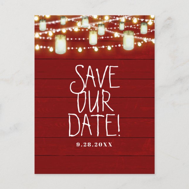 Red Wood & String Lights Rustic Save The Date Announcement Postcard (Front)