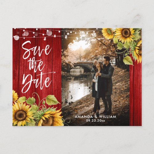 Red Wood Sunflower Wedding Photo Save The Date Announcement Postcard