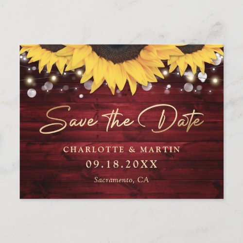 Red Wood Sunflower Wedding Save The Date Announcement Postcard
