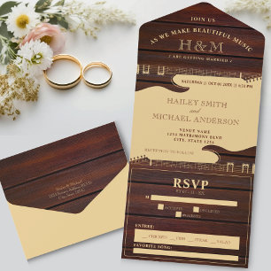 Red Wood & Tan Brown Guitar Wedding All In One Invitation
