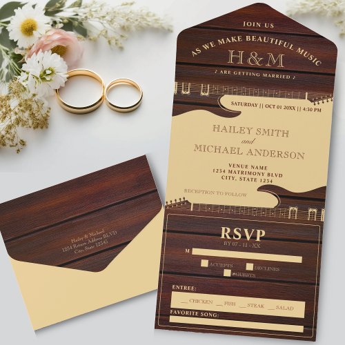 Red Wood  Tan Brown Guitar Wedding All In One Invitation