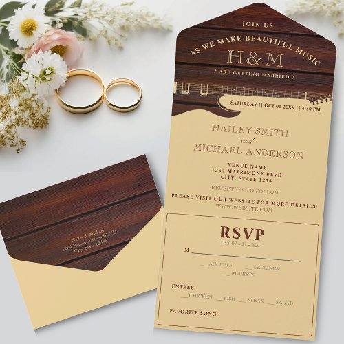 Red Wood  Tan Brown Guitar Wedding All In One Invitation