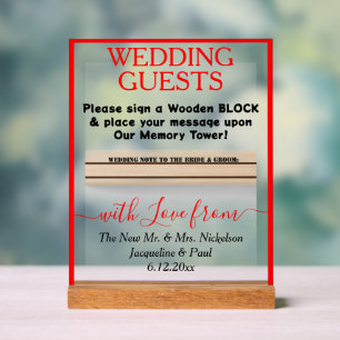 Red Wooden Guest Book Block Names Clear Acrylic Sign