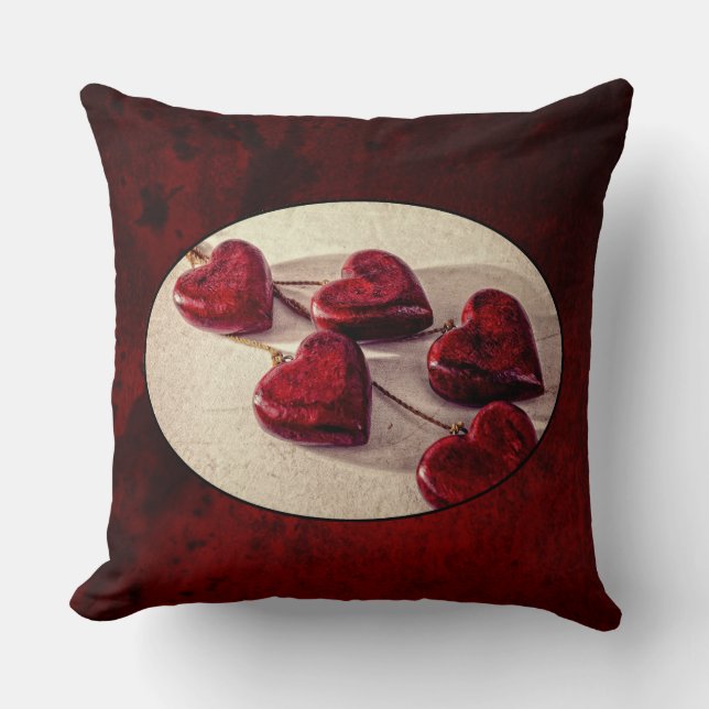 Red Wooden Hearts Tied Together on a String Throw Pillow (Front)