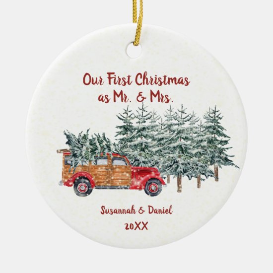 Red Woodie Pine Trees Snow Our First Christmas Ceramic Ornament