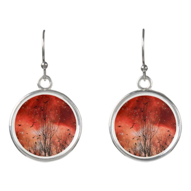 Red Woodland Crows Drop Earrings (Front)