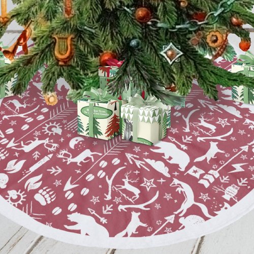 Red Woodland Fox Deer Bear Merry Christmas Fleece Tree Skirt