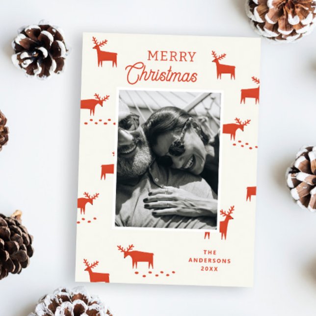 Red Woodland Reindeer. Light Ivory Christmas Photo Holiday Card (Creator Uploaded)