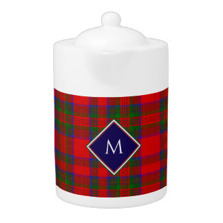 Red Wool Plaid Tartan with Central Monogram Badge Teapot