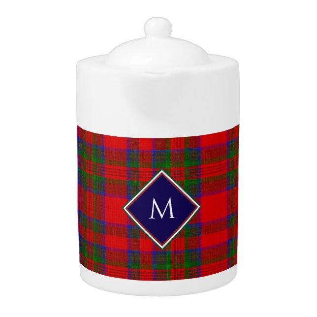 Red Wool Plaid Tartan with Central Monogram Badge Teapot (Front)