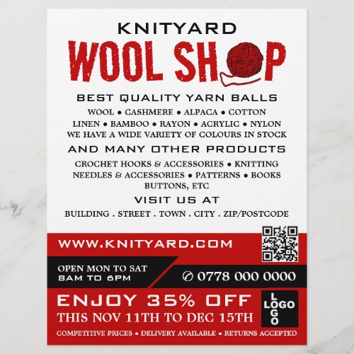 Red Wool Shop Logo Knitting Store Yarn Store Flyer