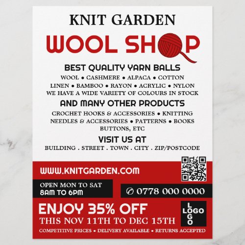 Red Wool Shop Logo Knitting Store Yarn Store Flyer