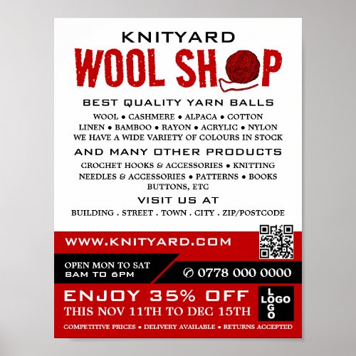 Red Wool Shop Logo Knitting Store Yarn Store Poster