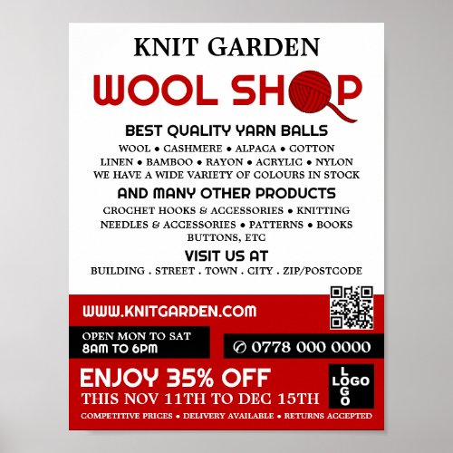 Red Wool Shop Logo Knitting Store Yarn Store Poster