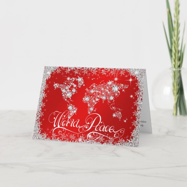 Red WORLD PEACE Diamonds PERSONALIZED Holiday Card (Front)