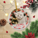 Red Wreath Cat First Christmas Simple Photo Ceramic Ornament<br><div class="desc">Red Wreath Cat First Christmas Simple Photo Ceramic Ornament</div>