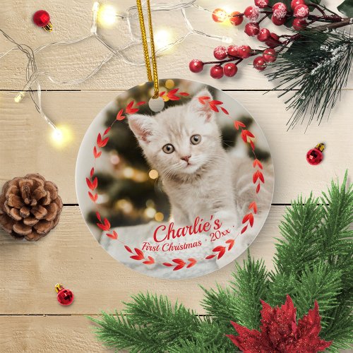 Red Wreath Cat First Christmas Simple Photo Ceramic Ornament