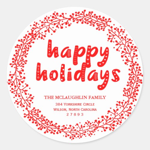 Red Wreath Happy Holidays Return Address Sticker