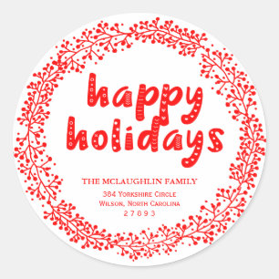 Red Wreath Happy Holidays Return Address Sticker