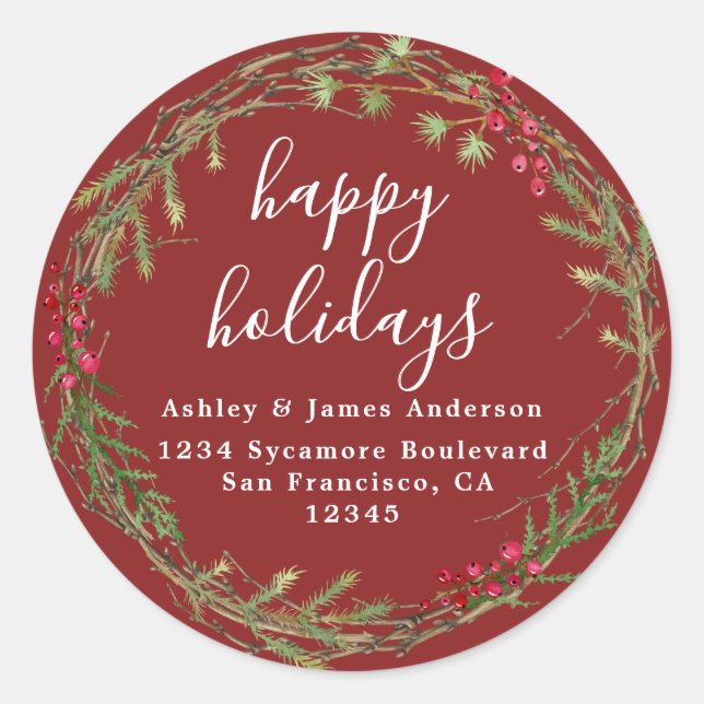 Red Wreath Holiday Return Address Classic Round Sticker (Front)