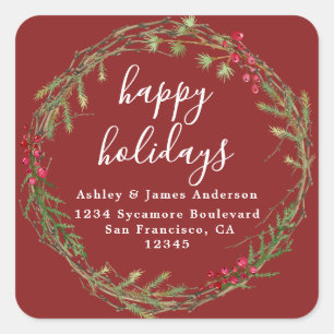 Red Wreath Holiday Return Address Square Sticker