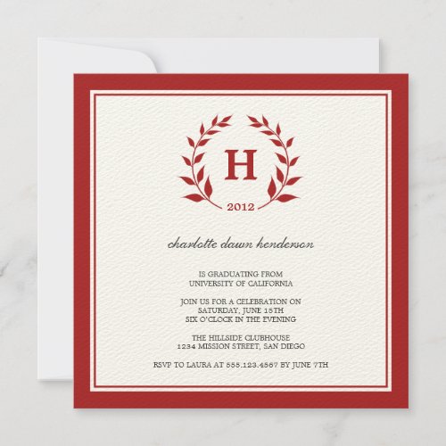 Red wreath monogram graduation class invitation