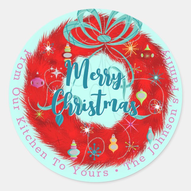 Red Wreath Retro Christmas Classic Round Sticker (Front)