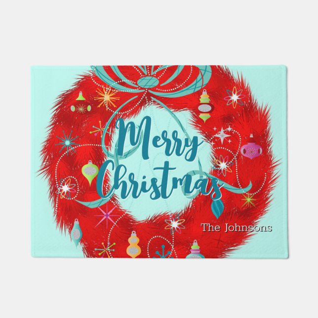 Red Wreath Retro Christmas Doormat (Front)