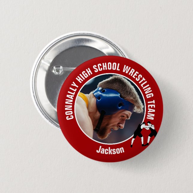Red Wrestling Team Photo High School Wrestler Button (Front & Back)