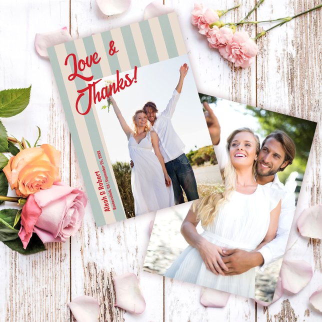 Red Writing Blue Stripes Retro Wedding Photo Thank You Card (Creator Uploaded)
