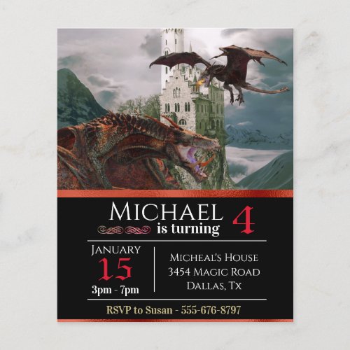 Red Wyvern Dragon Medieval Castle Budget Birthday Flyer