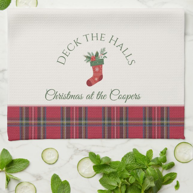 Red Xmas Stocking Customized Family Name Christmas Kitchen Towel (Folded)