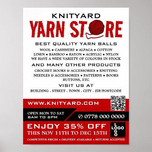 Red Yarn Store Logo Knitting Store Yarn Store Poster