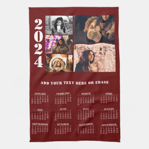 Red Year 2024 Calendar 5 Photo Collage  Kitchen Towel
