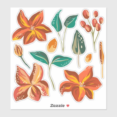 Red yellow abstract floral and green modern leaves sticker