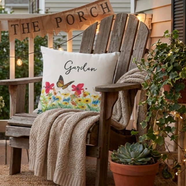 Red Yellow and Blue Floral with Butterfly  Outdoor Pillow (add ambiance to your outdoor space with a floral created throw pillow )