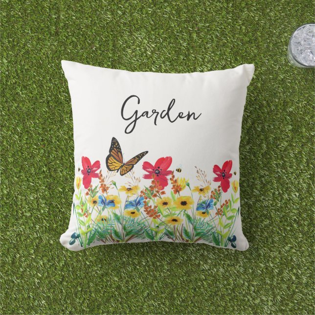 Red Yellow and Blue Floral with Butterfly  Outdoor Pillow (Grass)