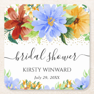 Red Yellow and Blue Flowers Bridal Shower Square Paper Coaster