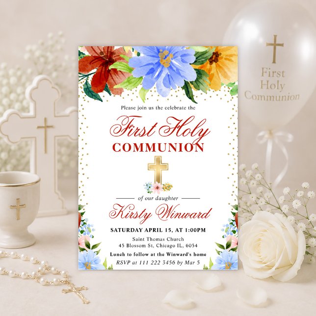 Red, Yellow and Blue Flowers First Holy Communion Invitation (Creator Uploaded)