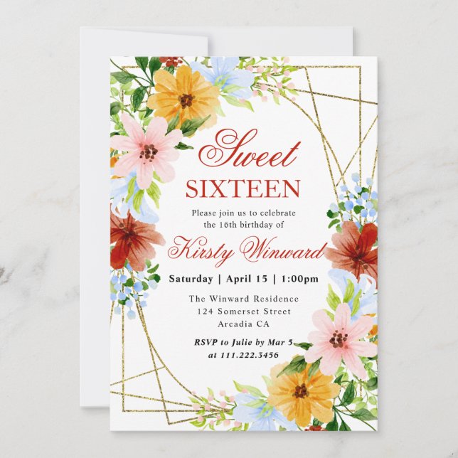Red, Yellow and Blue Flowers Frame Sweet 16 Invitation (Front)