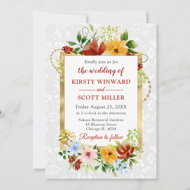 Red, Yellow and Blue Flowers Gold Wedding Invitation (Front)