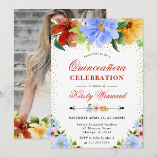 Red, Yellow and Blue Flowers Quinceanera Photo Invitation