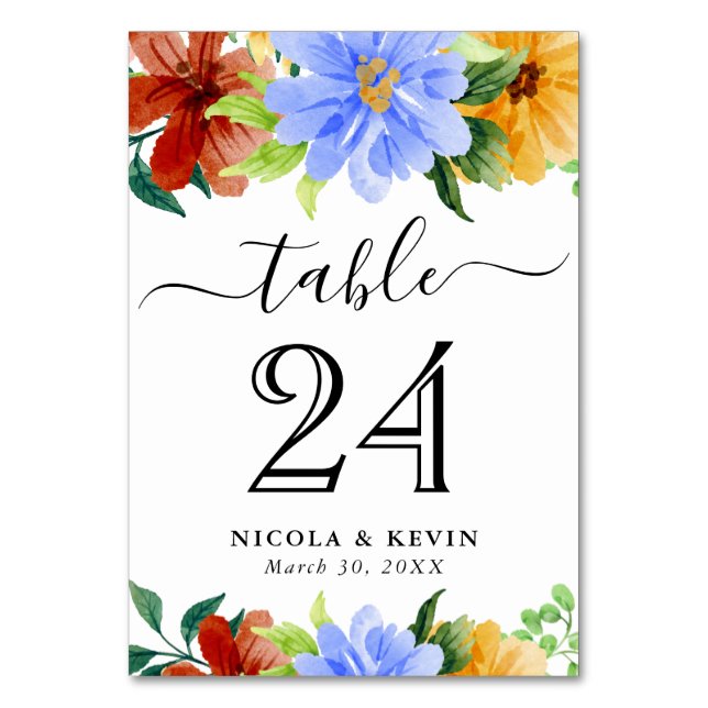 Red, Yellow and Blue Flowers Wedding Table Number (Front)