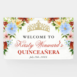 Red, Yellow and Blue Flowers Welcome Quinceanera Banner