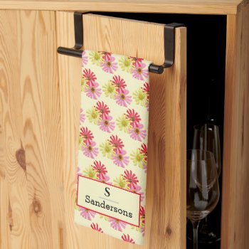 Red  Yellow And Pink Zinnias Floral Monogram Kitchen Towel by CatsEyeViewGifts at Zazzle