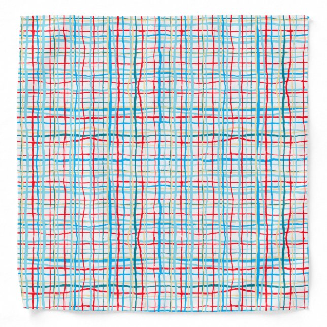 Red, Yellow, Aqua Squiggly Lines Plaid Bandana (Front)