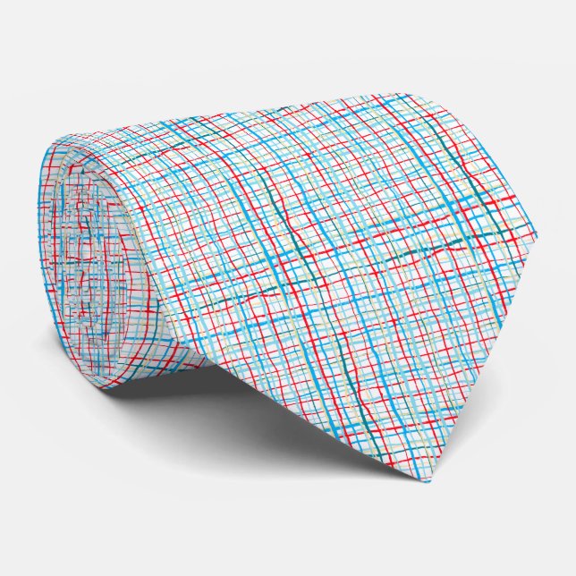 Red, Yellow, Aqua Squiggly Lines Plaid Neck Tie (Rolled)